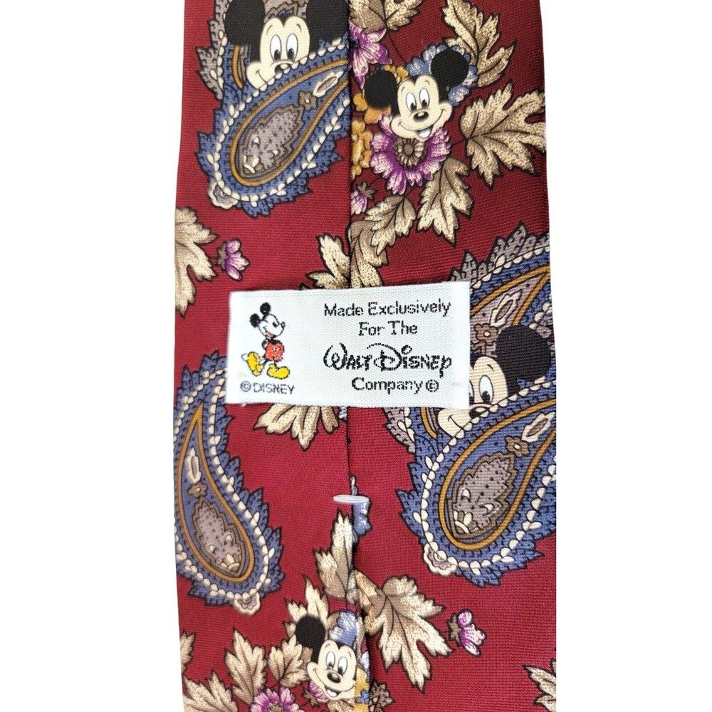 Vintage Walt Disney Silk Tie MICKEY Mouse Red Paisley Floral & Leaves 59" - Picture 5 of 8